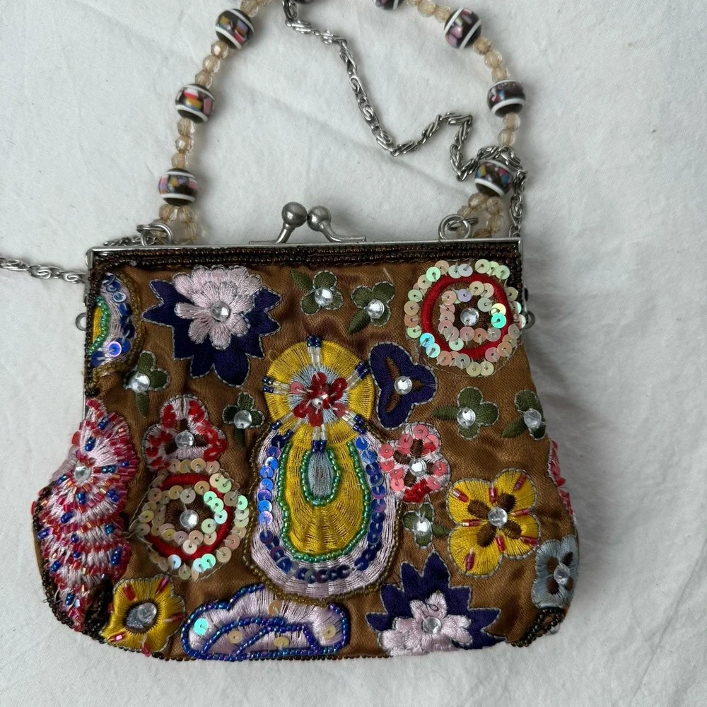 Vtg Y2K Beaded Sequin Purse Evening Bag Top Handle Cross‎ Body Guess Collection